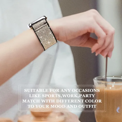 Miniatura 6 de Correas elásticas de nailon brillantes compatibles con correas de Apple Watch de 1.496 pulgadas, 1.575 pulgadas, 1.614 pulgadas, 1.654 pulgadas