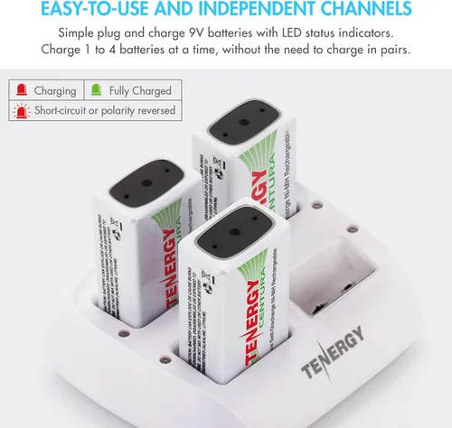 Miniatura 6 de Tenergy TN136 Cargador inteligente de 4 bahías 9V con 4 piezas 9V Tenergy Centura (baja autodescarga) NiMH 200mah baterías recargables