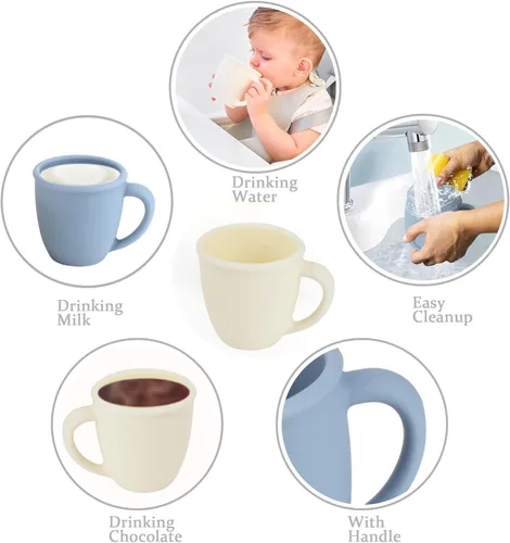 Miniatura 7 de Taza de entrenamiento de silicona para bebés y niños, taza de aprendizaje para niños pequeños con asas, taza abierta para bebés de 6 meses y 4 Azul