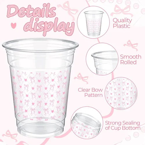 Miniatura 7 de Qinyoung 100 vasos de plástico con lazo rosa de 12 onzas, vasos desechables de coqueta, lazo rosa y corazón, vasos de plástico transparente