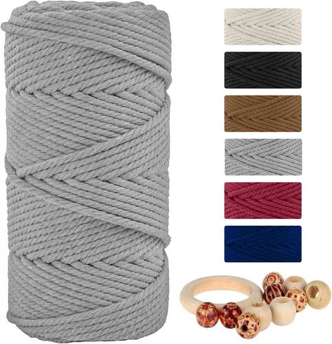 Miniatura 36 de Cordón de algodón macramé 5mmx109 yardas 4 hebras, Munzong Natural hecho a mano 4 cuerdas de algodón trenzadas para colgar en la pared, tejido