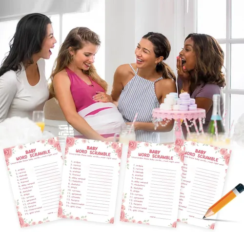 Miniatura 7 de OLOUTAB 50 Juegos de Baby Shower para Niña - Juego de Palabras con Tema Floral, Cartulina Gruesa, Divertido y Fácil de Jugar (Con Respuesta)