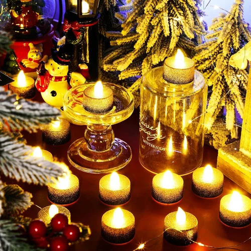 Miniatura 6 de Retisee 48 velas LED sin llama, velas falsas eléctricas con purpurina dorada y negra para centros de mesa, funciona con pilas, decoraciones