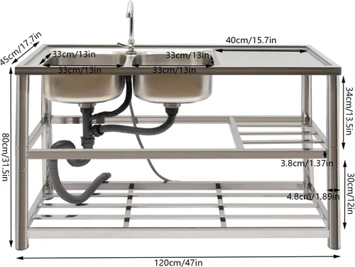 Miniatura 2 de Fregadero de acero inoxidable de doble tazón, juego de fregadero de cocina de restaurante comercial con grifo y escurridor, lavabo de mano con banco