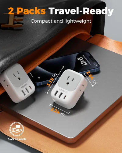Miniatura 5 de TESSAN - Paquete de 2 adaptadores de enchufe de viaje europeos, convertidor de corriente para Europa, 4 tomacorrientes, 3 USB (1 USB C PD 20 W)