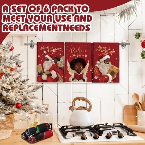 Miniatura 4 de Hosuly 6 Piezas Toallas de Cocina Navideñas Afroamericanas Paños de Platos de Santa Negro Toallas de Mano Navideñas Negras y Rojas Santa Ángel Acebo