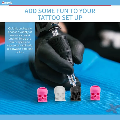 Miniatura 4 de Saferly Tapas de tinta de tatuaje de calavera para tatuaje, soporte de pigmento desechable con base, suministros de tatuaje de maquillaje permanente