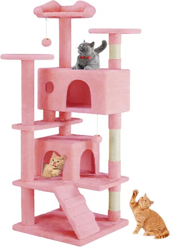 Miniatura 8 de Sweetcrispy Torre de árbol para gatos de 54 pulgadas, torre de varios niveles con poste rascador para gatos, condominio interior para gatos con Gris
