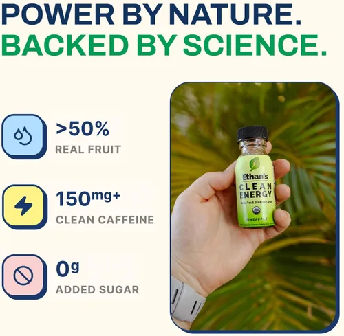 Miniatura 4 de Ethan's Organic Clean Energy Shots Piña, paquete de 12 unidades de 2 onzas, 150 mg de cafeína, té verde, guayusa, melena de león y cordyceps Sin
