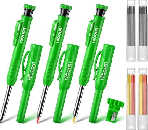 Miniatura 9 de Hiboom Juego de 3 lápices de carpintero con 24 recambios (Rojo, Negro, Amarillo), lápiz de construcción de 2,8 mm de alta resistencia con sacapuntas