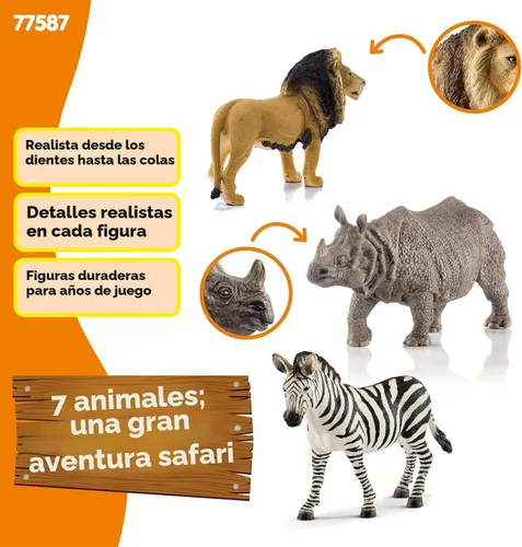 Miniatura 2 de Schleich Wild Life - Paquete de 7 juguetes de animales de sabana - Juego de juguetes de safari con rinoceronte, cocodrilo, cachorro de guepardo