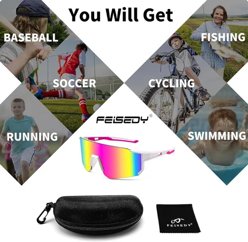 Miniatura 8 de FEISEDY Gafas de sol para niños, gafas de sol de béisbol juveniles, UV400, deportes, adolescentes, ciclismo, sombras para niños y niñas de 8 a 16
