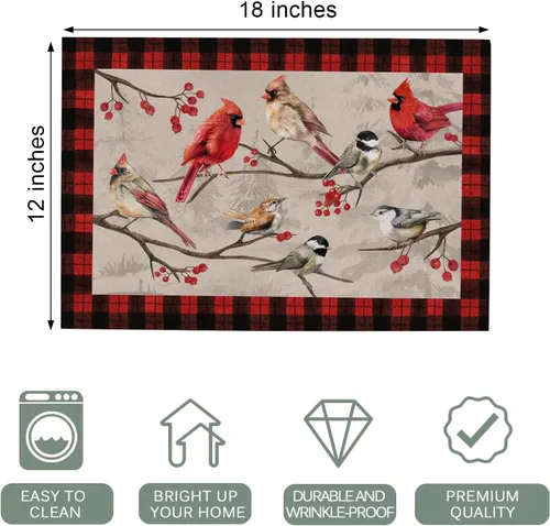 Miniatura 2 de Seliem Winter Birds - Juego de 4 manteles individuales de PVC, diseño vintage de cardenal con ramas de bayas rojas, manteles individuales de vinilo