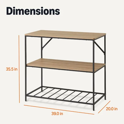 Miniatura 2 de Amazon Basics Isla de cocina con 3 estantes de almacenamiento, efecto negro y roble, superficie de melamina, pies ajustables