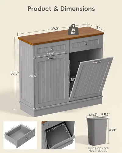 Miniatura 7 de Betterhood - Armario de basura inclinable de 10 galones, de madera, independiente, clasificador de ropa, armario de reciclaje con cajón oculto, Gris