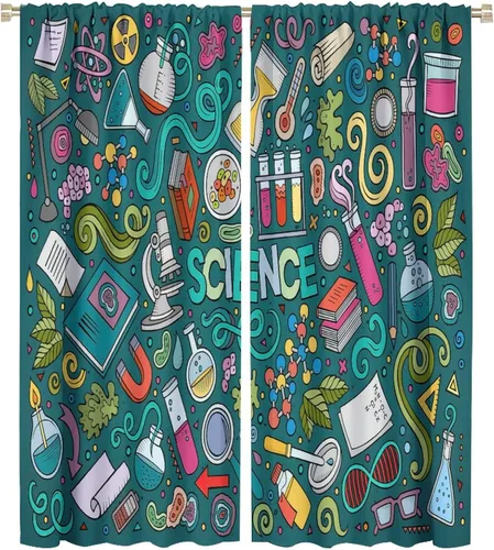 Miniatura 51 de Cortinas opacas para ventanas de ciencia para niños, lupa de libro de laboratorio de ciencia, lupa, frascos moleculares, cortinas impresas