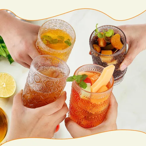 Miniatura 7 de Vasos de vidrio vintage con tapas y pajitas de bambú de 16 onzas, vaso vintage en relieve floral tazas de vidrio para whisky, cerveza, tazas de café
