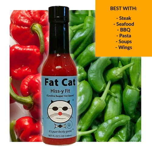 Miniatura 4 de Fat Cat Gourmet - Salsa picante "Hiss-y Fit" Carolina Reaper Salsa picante fuerte Para alas, sopas, sándwiches, pizza, tacos Extra caliente
