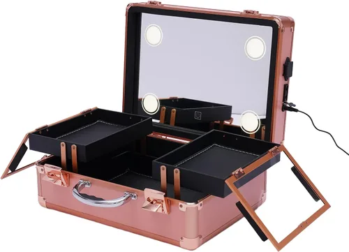 Estuche de tren de maquillaje con cerradura con espejo y 3 colores de luz, portátil, de 2 capas, con divisores, estuche de maquillaje de viaje,