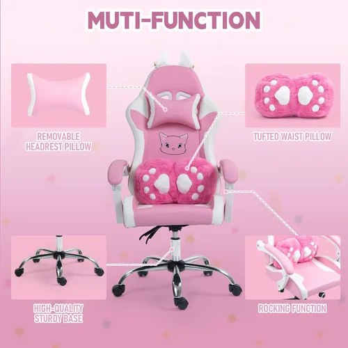 Miniatura 4 de Silla de juegos rosa con cojín lumbar de pata de gato y orejas de gato, sillas reclinables para computadora de juegos de PC, silla ergonómica