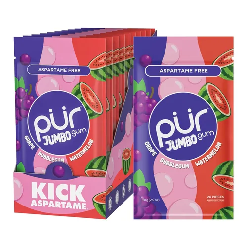 Miniatura 12 de PUR - Chicle Jumbo Chicle sin aspartamo 100% xilitol Sabor natural a fresa, plátano, naranja, 20 piezas (paquete de 10)
