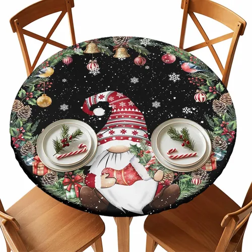 Miniatura 14 de Mantel ajustado redondo de Navidad con Poinsettia, mantel de lino retro de Navidad impermeable para mesa circular, mantel circular elástico de Rojo