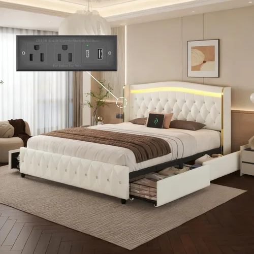 Miniatura 11 de E-Motie Base de cama tamaño completo con cabecera tipo wingback, plataforma tapizada con luces LED RGB, estación de carga, 4 cajones