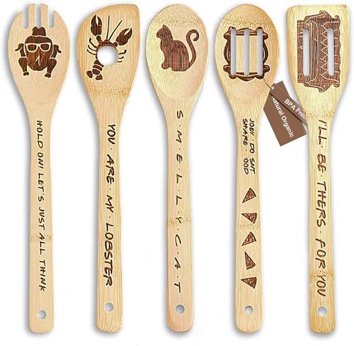 Mercancía del programa de TV Friends - Juego de 5 cucharas espátula de madera para utensilios de cocina, decoraciones para fiestas de Friendsgiving,