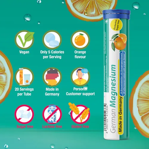 Miniatura 5 de Suplemento alemán de óxido de magnesio Tabletas efervescentes Sabor naranja – 200 mg de magnesio por porción Sin azúcar, vegano – T&D Pharma