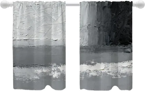 Miniatura 151 de Shrahala Beige and Orange Abstract Art Brushstrokes Blackout Curtain Tiers, Abstract Oil Paint Kitchen Valance Light Blocking Tier Drapes with Rod