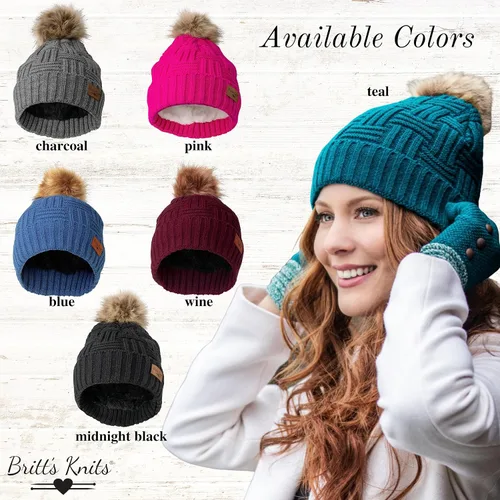 Miniatura 4 de Britt's Knits Sombrero de punto forrado de felpa con pompón para mujer