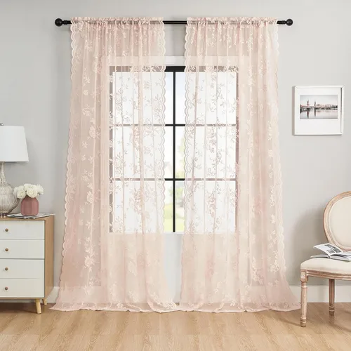 Miniatura 57 de SEEKRIGHT - 2 paneles de cortinas traslúcidas de encaje negro, cortinas góticas florales, cortinas victorianas con bolsillo para cortinero