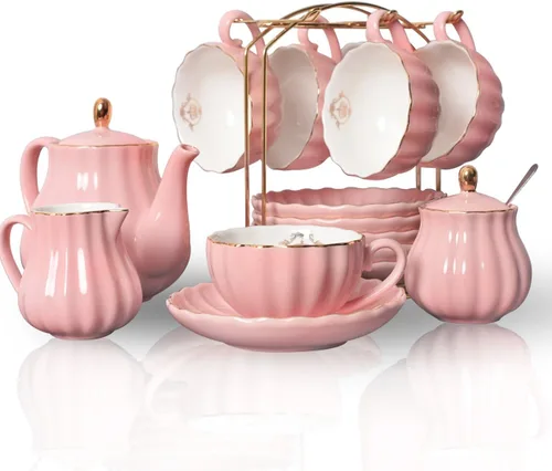 Miniatura 14 de Sweejar Juegos de Té de Porcelana Serie British Royal, Tazas y Platillos de 8 OZ para Servicio de 6, con Tetera Azucarero Jarra de Crema Cucharitas