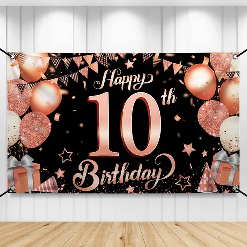 KatchOn Cartel de cumpleaños número 10 de oro rosa - XL, 72 x 44 pulgadas | Telón de fondo de feliz cumpleaños 10