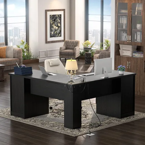 Miniatura 7 de Unikito Escritorio de oficina en forma de L con cajón, escritorio para computadora de 60 pulgadas con toma de corriente y puerto de carga USB, Negro