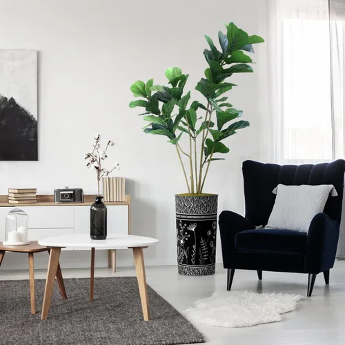 Miniatura 8 de Árbol artificial en macetero contemporáneo con patrón de margaritas, árbol de seda falso Ficus Lyrata para decoración del hogar en interiores