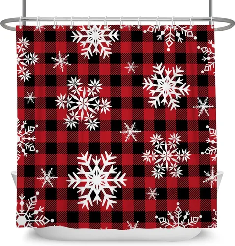 Cortina de ducha con diseño de copo de nieve, rojo, negro, búfalo a cuadros, Navidad, blanco, nieve, invierno, decoración de baño, retro, rústico,