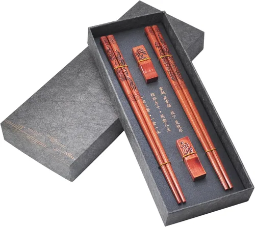Dragon & Phoenix - Juego de palillos reutilizables con soportes, palillos de madera, 2 pares para regalo de boda y aniversario (dragón y fénix)