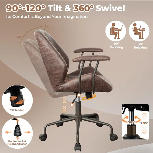 Miniatura 5 de ovios Silla de oficina en casa, sillas ergonómicas de piel sintética de mediados de siglo, respaldo medio, cómodo sillón ejecutivo giratorio