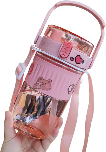 Botella de agua kawaii con pajita, botella de agua portátil de plástico de gran capacidad con bonitas calcomanías (rosa, 23.1 fl oz)