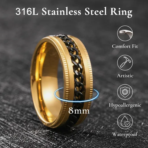 Miniatura 25 de King Will - Anillo antiestrés de acero inoxidable 316L para hombres y mujeres, con cadena decorativa giratoria, 8 mm de ancho, anillo de boda