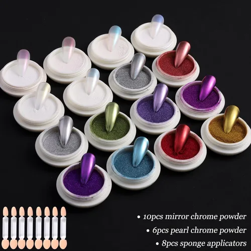 Miniatura 2 de Fcozpjk Juego de polvos cromados para uñas, 16 colores, efecto metálico para uñas, dorado, plateado, rosa, azul, violeta, verde, rojo, polvo cromo