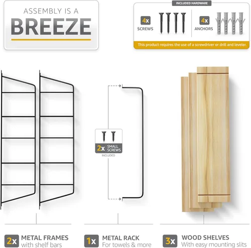 Miniatura 5 de Sorbus Estantes flotantes de baño de 3 niveles para pared, almacenamiento de pared de madera para toallas, armario de almacenamiento sobre el Arce