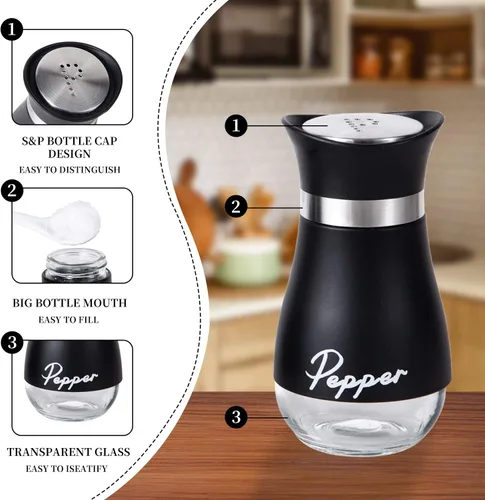 Miniatura 2 de Juego de 2 saleros y pimenteros, recargable con tapa de acero inoxidable, recipiente para especias, para cocina, restaurante, picnic (negro)