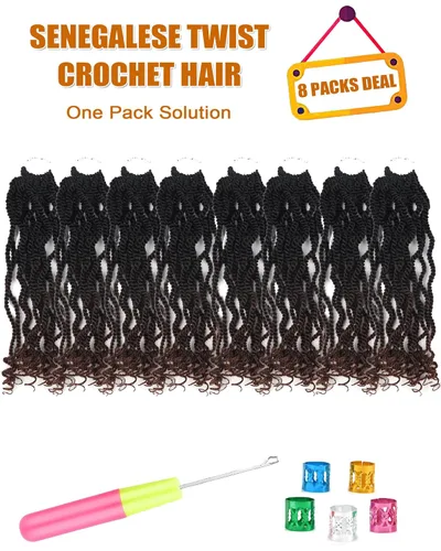 Miniatura 4 de Trenzas Senegaleses de Ganchillo con Puntas Rizadas 3 Tonos 12 Pulgadas 8 Paquetes de Trenzas Cortas de Ganchillo para Mujeres Negras Pre-enrolladas