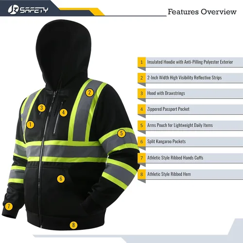 Miniatura 3 de JKSafety Sudadera de seguridad de alta visibilidad para hombres y mujeres, sudadera con capucha y cremallera de alta visibilidad con tiras
