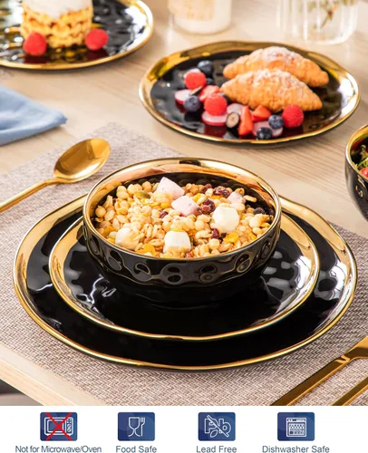 Miniatura 5 de LOVECASA Juego de 12 piezas de platos y cuencos, vajilla de porcelana negra y dorada, platos de cena redondos, juego de vajilla para 4 personas