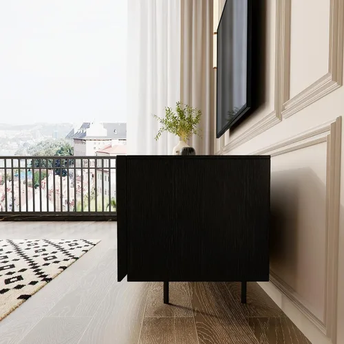 Miniatura 7 de Soporte de TV moderno de mediados de siglo, consola negra de 94.5 pulgadas para televisores de 65 a 85 pulgadas, 4 puertas de gabinete con 6