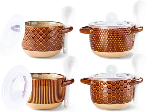 Miniatura 13 de GBhome Cuencos de sopa de 22 onzas con asas y tapas grandes, juego de 4 cuencos de cerámica con cuchara para sopa, cereales, estofado, coloridos