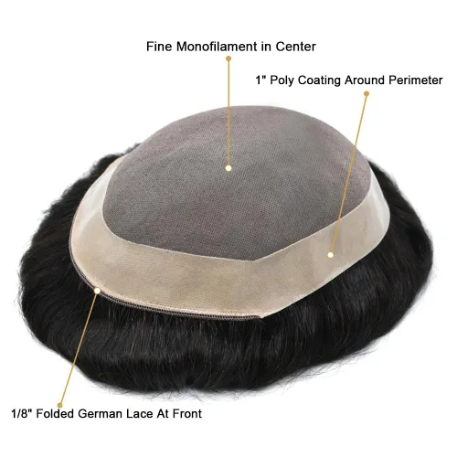 Miniatura 7 de Toupee cabello humano fino mono revestimiento de poliéster alrededor de la postizo duradero NPU monofilamento sistema de reemplazo de cabello